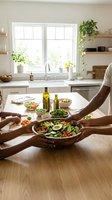 Multiple people with dark skin tone preparing fresh salad together in bright kitchen with wooden table, olive oil bottles, and vegetables for healthy meal preparation and cooking.