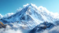 Majestic snow-covered mountain peak rising above clouds with dramatic lighting and atmospheric morning mist, showcasing pristine winter wilderness landscape.