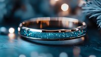 Elegant wedding band ring with turquoise sparkle inlay on moody blue background with bokeh lights and pine needles, macro jewelry photography.