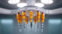 Medical syringes with orange liquid arranged in circular pattern against blurred hospital lights background, modern healthcare concept for vaccination campaigns.