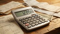 Calculator displaying numbers on wooden desk surrounded by financial documents and spreadsheets for accounting and budget planning tasks.