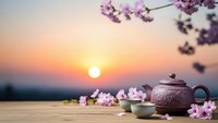 Traditional clay teapot with cup on wooden table surrounded by pink cherry blossoms at sunset creating peaceful zen atmosphere for meditation and relaxation.