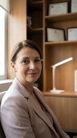 Professional middle-aged Caucasian businesswoman in beige blazer smiling confidently in modern office with wooden shelving and natural lighting.