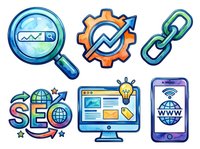 Magnifying glass analyzing graph chart, gear with arrow optimization symbol, connected chain link, colorful SEO text with globe and stars, computer monitor displaying website layout with lightbulb, smartphone showing www and globe icon. Isolated clipart set for web design, marketing materials, and digital business graphics.