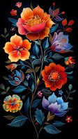 Vibrant folk art floral composition with orange peonies, blue flowers and decorative leaves on black background for textile and wallpaper design.