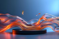 Black cylindrical podium with flowing orange and blue fabric waves against gradient background for product display and presentation design.