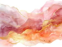 Flowing abstract watercolor in pink, coral, and gold tones with elegant fluid movement and luxurious metallic accents for modern interior design.