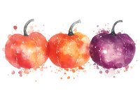 Vibrant watercolor pumpkins in orange and purple with artistic splatter effects on white background, seasonal autumn harvest illustration for decorative projects.