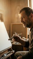 Senior craftsman woodworker carving detailed sculpture in traditional workshop with natural lighting and authentic tools for artisan projects.