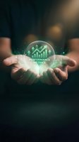 Businessman holding glowing holographic sphere with upward arrows and growth charts, representing data analytics, business growth, and financial performance tracking for corporate success.