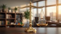Golden scales of justice balancing colorful pills and legal documents in modern law office with warm sunlight streaming through windows.