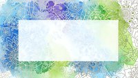 Watercolor mandala frame with intricate patterns in blue and green gradients. Blank center space for text or design elements. Decorative border artwork.