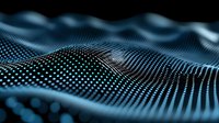 Abstract digital wave pattern with glowing blue dots forming dynamic mesh surface against dark background, modern technology visualization for tech backgrounds.