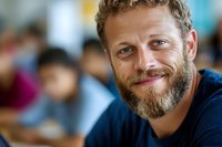 Confident mature Caucasian male with full beard and curly blonde hair smiling warmly at camera, wearing navy blue casual shirt in blurred office environment.