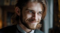 Young Caucasian male with beard and long brown hair smiling warmly at camera. Natural window lighting creates soft shadows on face, professional casual style.