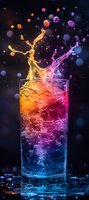 Colorful cocktail splash with vibrant liquid motion in glass against dark bokeh background for beverage advertising and party concepts.