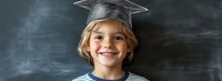 Young student wearing graduation cap smiles brightly against chalkboard background, expressing joy and achievement in education. Future success concept.