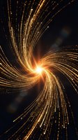Golden spiral energy burst with glowing particles and light trails creating dynamic swirl pattern on dark background for digital art and motion graphics.