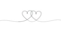 Minimalist continuous line drawing of two intertwined hearts connected by flowing curves on white background for romantic designs and wedding invitations.