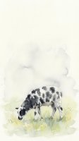 Watercolor cow grazing in meadow with soft brushstrokes and gentle colors on light background for farm and agriculture themed designs.