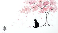 A black cat silhouette sits beneath a blooming cherry tree with falling pink petals on white background, suitable for wall art and home decor.