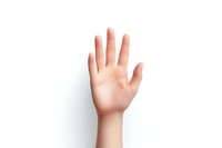 Caucasian female hand raised in stop or high five gesture against white background, isolated palm showing all five fingers in natural position.