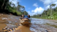 Young caiman swimming in muddy brown river water with head above surface, close-up view showing detailed scales and eyes against blurred tropical forest background.