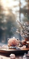 Pink rose quartz crystals in glass vessel with winter branches and magical sparkles, soft natural lighting creates dreamy atmosphere for wellness and meditation space.