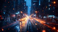 Dramatic urban night scene with rain drops creating light trails and bokeh effect on city street. Motion blur and reflections create atmospheric mood.