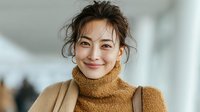 Young Asian woman smiling warmly in cozy brown turtleneck sweater with messy bun hairstyle in modern indoor setting for lifestyle and fashion content.