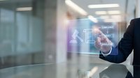 Business professional interacting with digital compliance interface displaying document icons in modern office environment for corporate governance solutions.