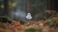 Cute ghost figure floating above autumn forest floor with fallen orange leaves and moss-covered logs in misty woodland setting, creating spooky atmosphere.