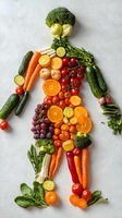 Fresh fruits and vegetables arranged in human body shape on white background, promoting healthy eating and nutrition concept for wellness lifestyle.