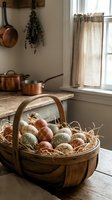 Rustic wooden basket filled with colorful Easter eggs nestled in straw on farmhouse kitchen counter with copper pots and dried herbs hanging nearby.