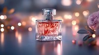 Crystal perfume bottle with pink fragrance against blurred bokeh lights and delicate rose petals, creating luxurious atmosphere for beauty and cosmetic advertising.