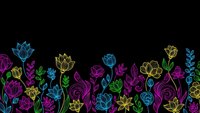 Vibrant neon floral border on black background with colorful outlined roses, tulips and decorative plants for modern design projects.