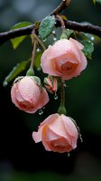 Delicate pink roses with morning dew drops on petals against dark background, creating romantic garden atmosphere. Fresh spring flowers after rain.