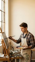 Young male artist painting on canvas in bright studio workspace with easel and art supplies for creative projects.