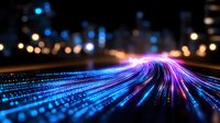 Glowing blue and purple light trails create dynamic motion effect against dark background with bokeh lights, representing digital data flow and connectivity.