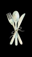 Watercolor cutlery set with fork, spoon, and knife tied with twine bow, isolated on transparent background. Great for t-shirt design, stickers, and print on demand.
