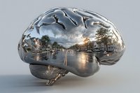 Metallic brain with canal cityscape reflection showing evening lights and seagulls for memory, neuroscience and cognitive concepts.