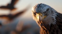 Majestic eagle head close-up portrait showing intense gaze and sharp beak against blurred natural background during golden hour sunset lighting.