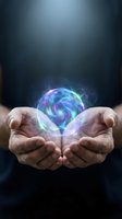 Hands cupping glowing energy orb with swirling blue and purple light effects against dark background for spiritual and healing concepts.