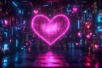 Glowing neon pink heart illuminates futuristic cyberpunk city street with reflective wet pavement, surrounded by blue lights and floating hearts in night atmosphere.