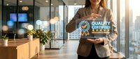 Professional businesswoman presenting quality certification badge in modern office environment for corporate excellence and standards compliance.