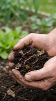 Hands holding rich dark soil with earthworms for organic gardening and composting in natural outdoor environment.