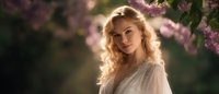 Young blonde woman in white romantic dress standing under blooming cherry tree branches with pink blossoms in soft evening light creating dreamy spring atmosphere.