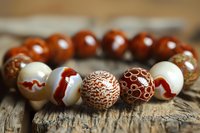 Handcrafted bracelet with brown and white ceramic beads featuring intricate patterns and textures arranged on rustic wooden surface in natural lighting.