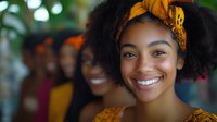 Young African American woman with natural curly hair and yellow headband smiling brightly at camera, with blurred female friends in background. Genuine joy and friendship.