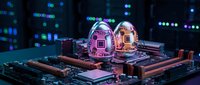 Neon glowing eggs on circuit board with digital bokeh lights, representing artificial intelligence, technology innovation, and futuristic computing concepts for tech design projects.